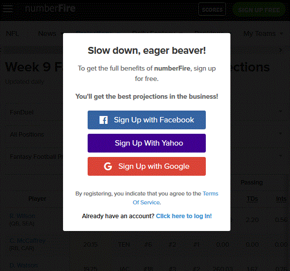 numberFire's annoying popup